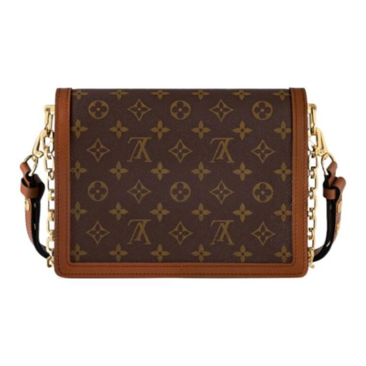 LOUIS VUITTON Dauphine MM 链条老花 涂层帆布拼牛皮饰边 手提单肩斜挎包 中号 女款 棕色