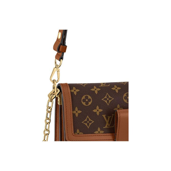 LOUIS VUITTON Dauphine MM 链条老花 涂层帆布拼牛皮饰边 手提单肩斜挎包 中号 女款 棕色