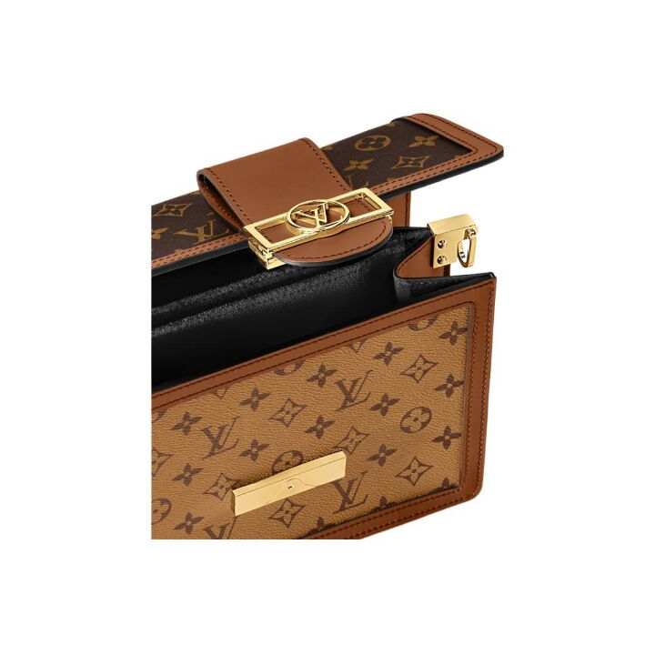 LOUIS VUITTON Dauphine MM 链条老花 涂层帆布拼牛皮饰边 手提单肩斜挎包 中号 女款 棕色