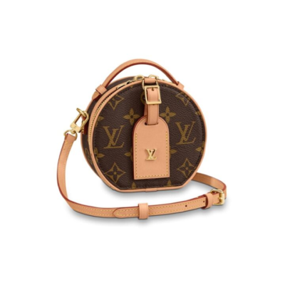 LOUIS VUITTON  Petite Boite Chapeau 经典老花满印拉链开合 涂层帆布拼皮革饰边 圆饼包单肩斜挎包 迷你 女款 棕色