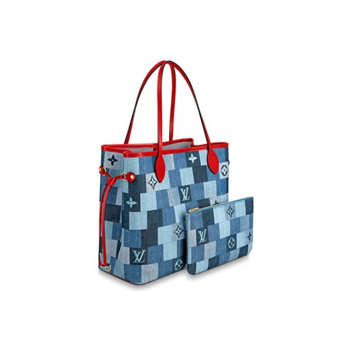 LOUIS VUITTON NEVERFULL MM 水洗单宁方格纹理老花印花 牛皮 托特包Tote包购物袋子母包手提单肩包 中号 女款 蓝色