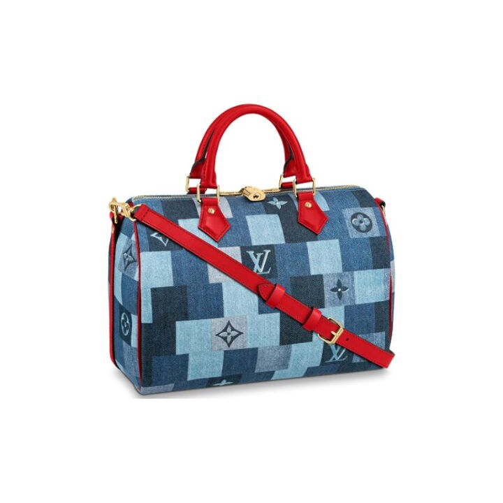 LOUIS VUITTON SpeedyBandoulière 30 可拆卸可调节肩带方格纹理 水洗丹宁 手提包 女款 蓝色