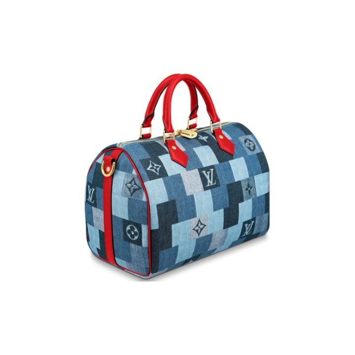 LOUIS VUITTON SpeedyBandoulière 30 可拆卸可调节肩带方格纹理 水洗丹宁 手提包 女款 蓝色