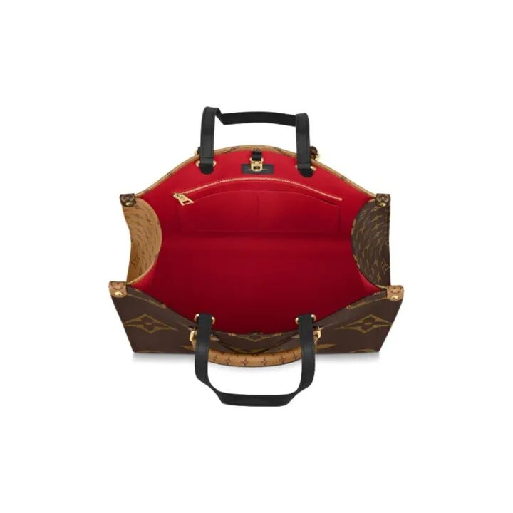 LOUIS VUITTON ONTHEGO MM 经典老花 涂层帆布 托特包Tote包购物袋手提单肩包 中号 女款 棕色/焦糖色拼色 #黑色肩带#