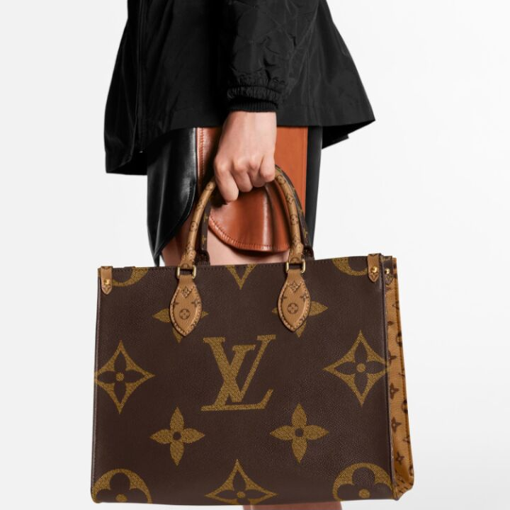 LOUIS VUITTON ONTHEGO MM 经典老花 涂层帆布 托特包Tote包购物袋手提单肩包 中号 女款 棕色/焦糖色拼色 #黑色肩带#