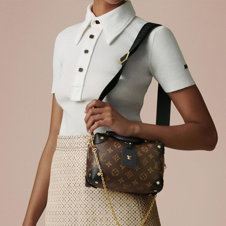 LOUIS VUITTON PETITE MALLE Souple 经典老花时尚复古优雅链条 涂层帆布铆接皮革边角拼皮革名牌 手提单肩斜挎包 女款 棕色/黑色