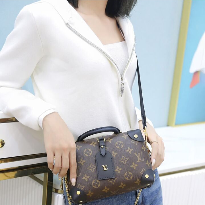 LOUIS VUITTON PETITE MALLE Souple 经典老花时尚复古优雅链条 涂层帆布铆接皮革边角拼皮革名牌 手提单肩斜挎包 女款 棕色/黑色