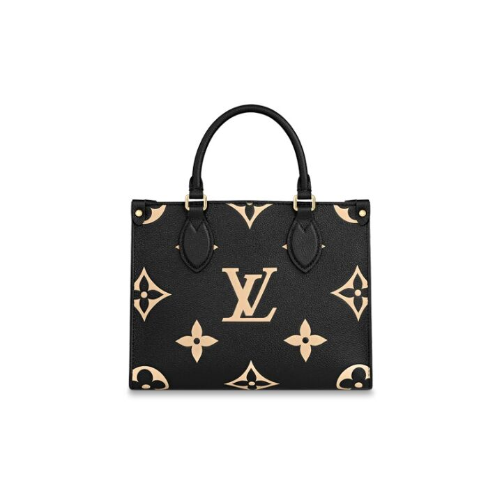 LOUIS VUITTON ONTHEGO 经典老花满印 压花粒面牛皮 托特包Tote包购物袋单肩手提包 小号 女款 黑色/米色