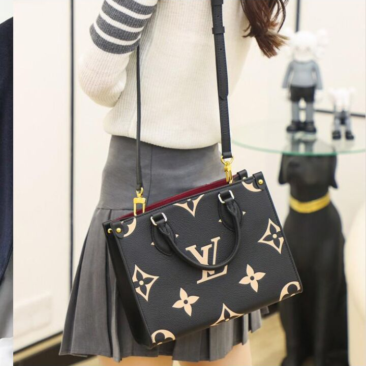 LOUIS VUITTON ONTHEGO 经典老花满印 压花粒面牛皮 托特包Tote包购物袋单肩手提包 小号 女款 黑色/米色
