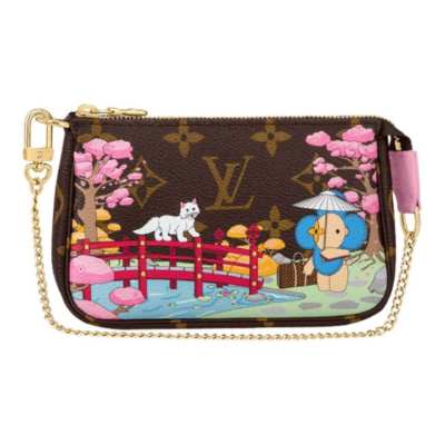 LOUIS VUITTON Pochette Accessories樱花猫咪印花小麻将 涂层帆布 链条包单肩手提包 迷你 女款 棕色