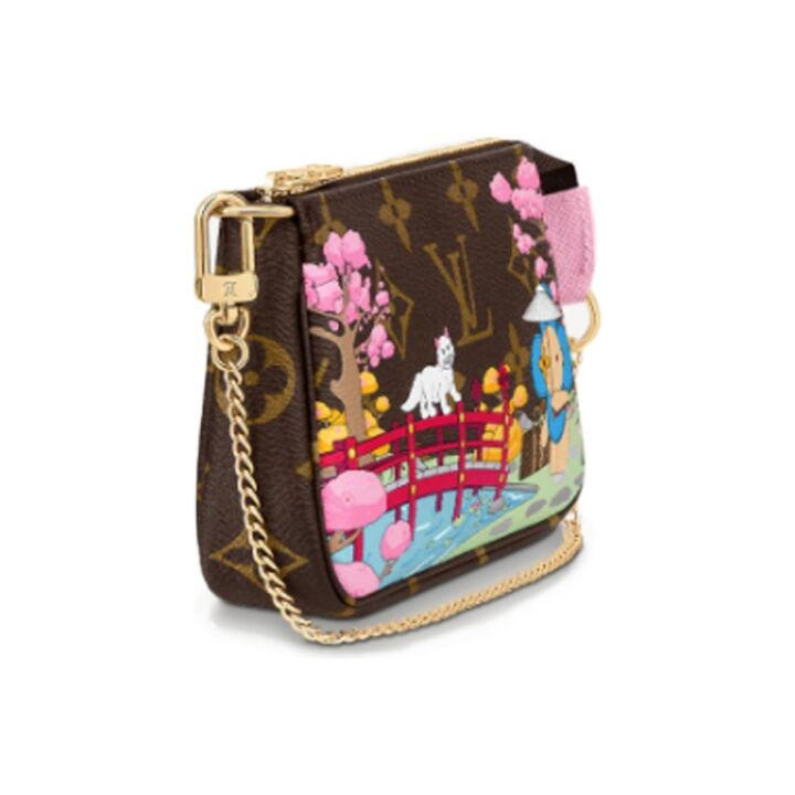 LOUIS VUITTON Pochette Accessories樱花猫咪印花小麻将 涂层帆布 链条包单肩手提包 迷你 女款 棕色