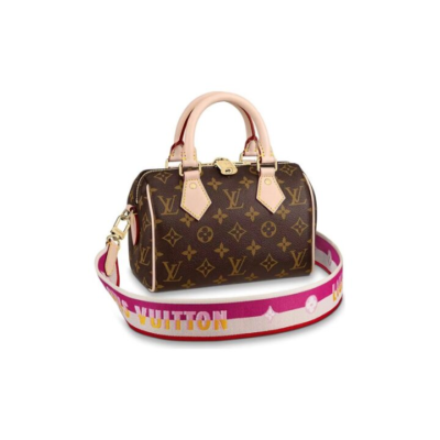 LOUIS VUITTON Speedy 20 可拆卸不可调节肩带 经典老花刺绣Logo肩带 帆布拼皮 手提斜挎单肩包 女款 桃红色