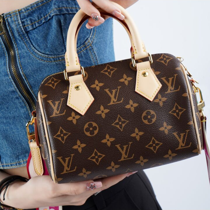 LOUIS VUITTON Speedy 20 可拆卸不可调节肩带 经典老花刺绣Logo肩带 帆布拼皮 手提斜挎单肩包 女款 桃红色