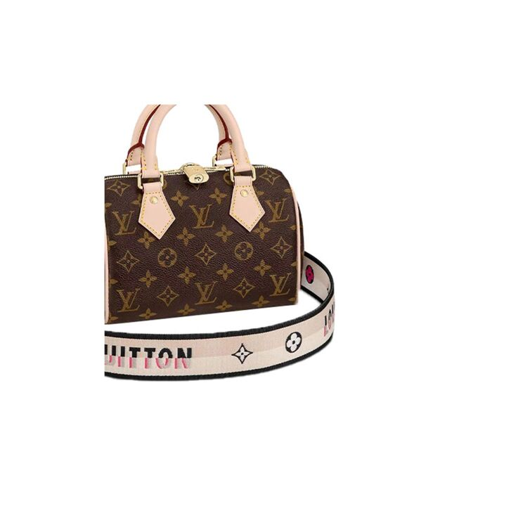 LOUIS VUITTON Speedy 系列 20 可拆卸不可调节肩带 经典老花满印刺绣Logo肩带 帆布拼皮 手提包斜挎包单肩包 女款 黑色