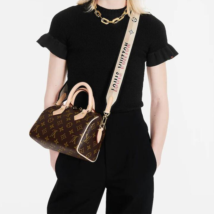 LOUIS VUITTON Speedy 系列 20 可拆卸不可调节肩带 经典老花满印刺绣Logo肩带 帆布拼皮 手提包斜挎包单肩包 女款 黑色