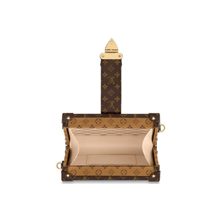 LOUIS VUITTON PETITE MALLE 经典老花满印金扣 涂层帆布 盒子包手拿斜挎单肩包 女款 浅棕色