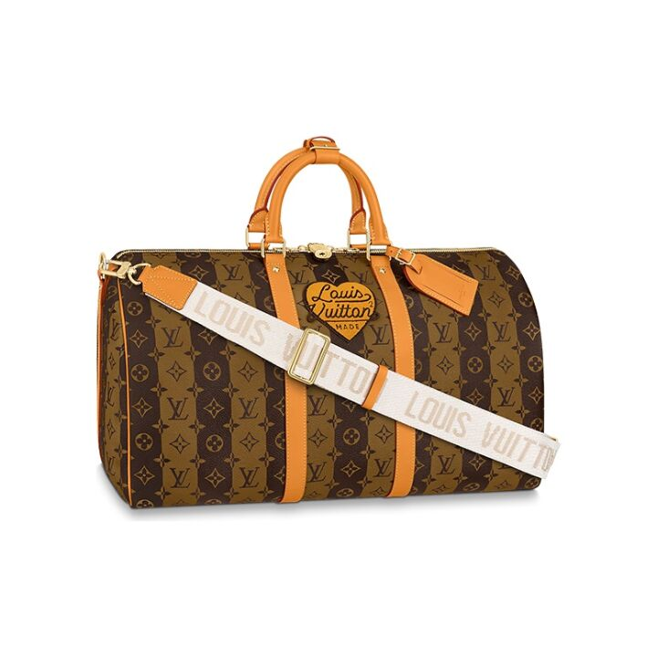 LOUIS VUITTON x NIGO 联名款 keepall 50 Monogram Stripes 经典老花爱心标识 涂层帆布 旅行袋单肩斜挎手提包 男女同款 棕色