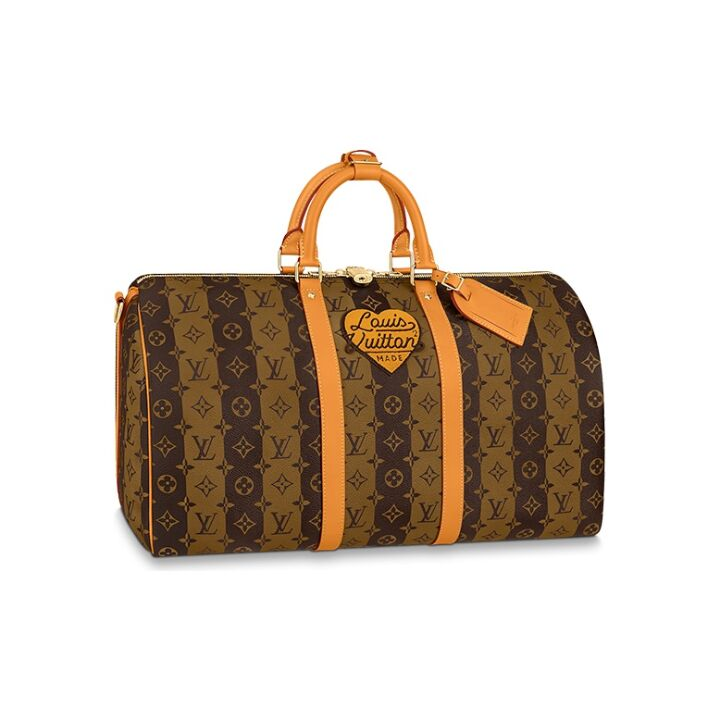 LOUIS VUITTON x NIGO 联名款 keepall 50 Monogram Stripes 经典老花爱心标识 涂层帆布 旅行袋单肩斜挎手提包 男女同款 棕色