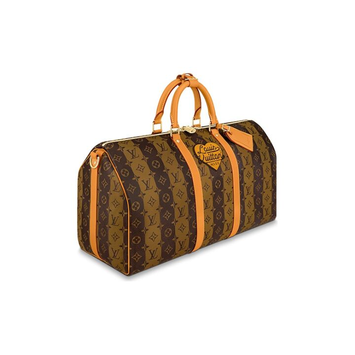 LOUIS VUITTON x NIGO 联名款 keepall 50 Monogram Stripes 经典老花爱心标识 涂层帆布 旅行袋单肩斜挎手提包 男女同款 棕色