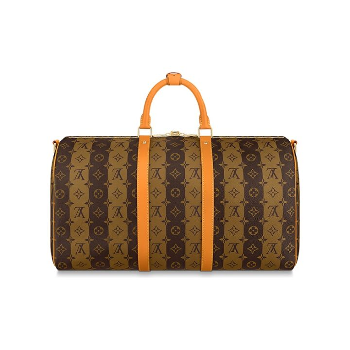 LOUIS VUITTON x NIGO 联名款 keepall 50 Monogram Stripes 经典老花爱心标识 涂层帆布 旅行袋单肩斜挎手提包 男女同款 棕色