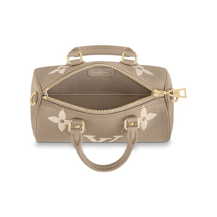 LOUIS VUITTON Papillon  超大老花图案可拆卸圆形柔软粒面 牛皮 零钱包手提斜挎包 女款 灰米色