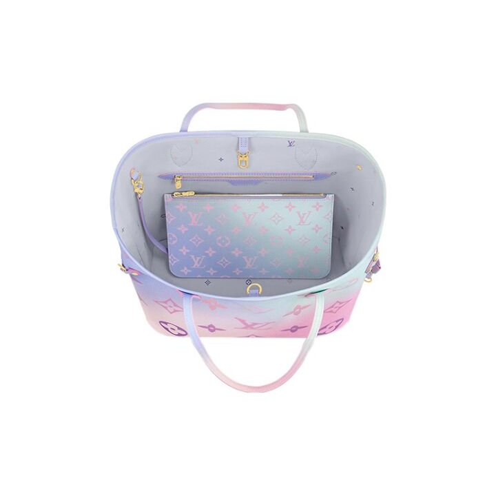 LOUIS VUITTON NEVERFULL MM经典老花图案 涂层帆布 托特包Tote包购物袋子母包单肩手提包 中号 女款 渐变渲染粉色