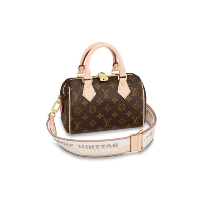 LOUIS VUITTON SpeedyBandoulière 20 经典老花刺绣Logo可调节可拆卸肩带 涂层帆布拼牛皮饰边 单肩斜挎手提包 女款 棕色