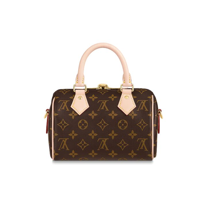 LOUIS VUITTON SpeedyBandoulière 20 经典老花刺绣Logo可调节可拆卸肩带 涂层帆布拼牛皮饰边 单肩斜挎手提包 女款 棕色