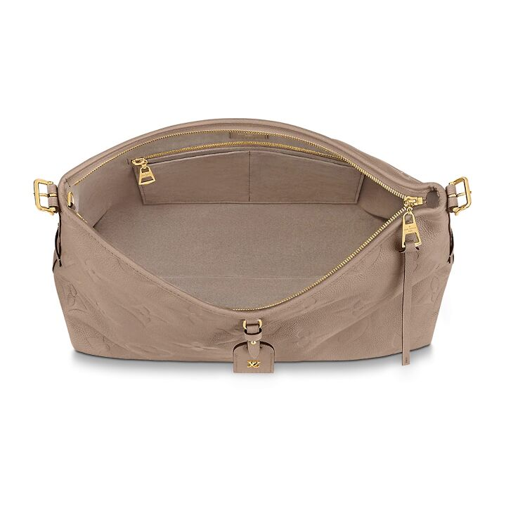 LOUIS VUITTON Carryall MM金色五金可调节肩带拉链开合 压花柔软粒面牛皮 手提单肩包 中号 女款 鸽灰色