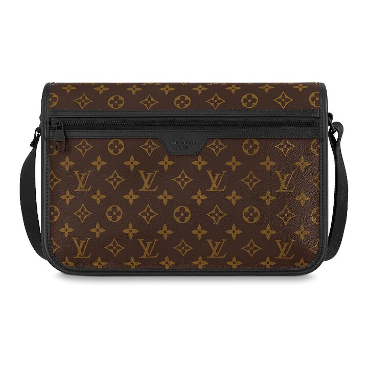 LOUIS VUITTON Archy 系列 老花满印可调节肩带磁性翻盖封口 涂层帆布拼牛皮革饰边 邮差包单肩斜挎包 中号 男款 棕色