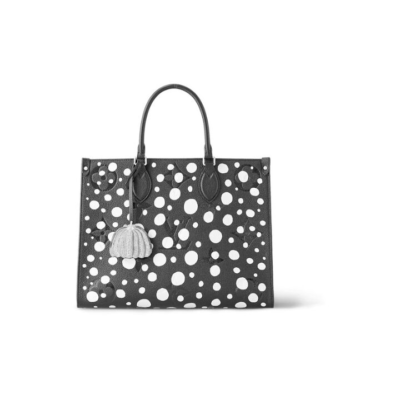 LOUIS VUITTON x Yayoi Kusama草间弥生 联名款 ONTHEGO MM 白色波点装饰 皮革 手提包 中号 女款 黑色