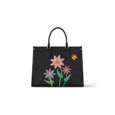 LOUIS VUITTON x Yayoi Kusama草间弥生 联名款 ONTHEGO MM Cabas 老花压纹 牛皮 单肩手提包 中号 女款 黑色