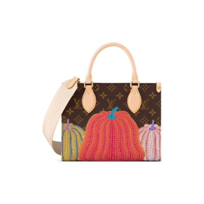 LOUIS VUITTON x Yayoi Kusama草间弥生 联名款 ONTHEGO 彩色南瓜老花满印 涂层帆布拼牛皮革 斜挎手提包 小号 女款 棕色