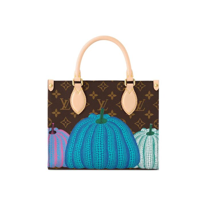 LOUIS VUITTON x Yayoi Kusama草间弥生 联名款 ONTHEGO 彩色南瓜老花满印 涂层帆布拼牛皮革 斜挎手提包 小号 女款 棕色