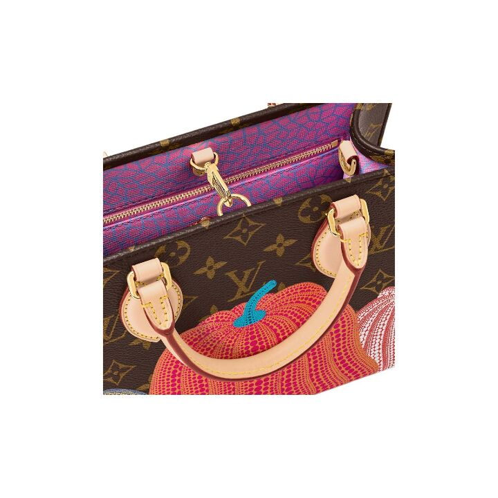 LOUIS VUITTON x Yayoi Kusama草间弥生 联名款 ONTHEGO 彩色南瓜老花满印 涂层帆布拼牛皮革 斜挎手提包 小号 女款 棕色