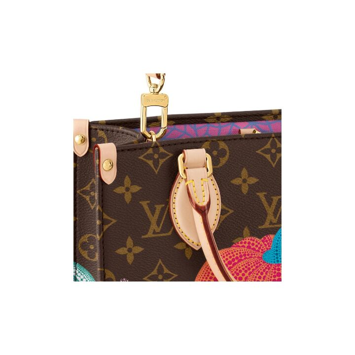 LOUIS VUITTON x Yayoi Kusama草间弥生 联名款 ONTHEGO 彩色南瓜老花满印 涂层帆布拼牛皮革 斜挎手提包 小号 女款 棕色