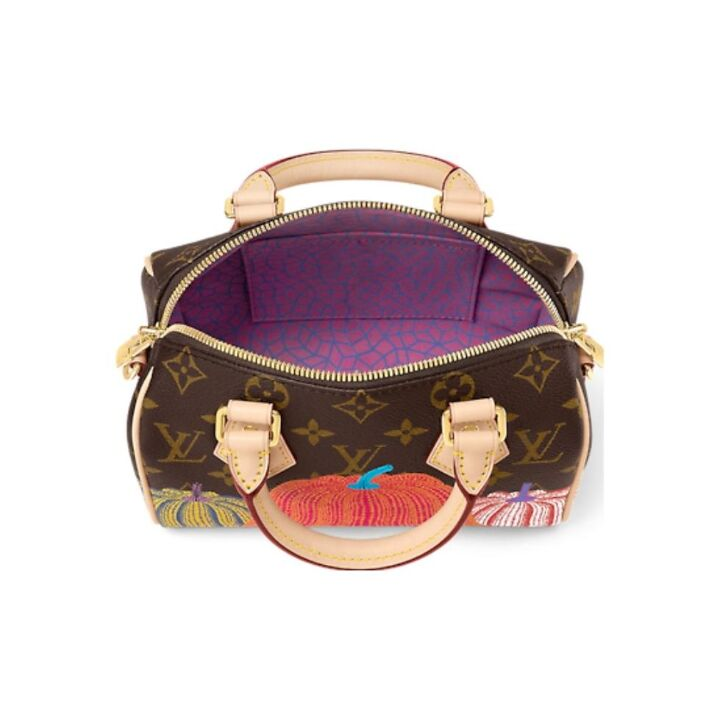 LOUIS VUITTON x Yayoi Kusama草间弥生 联名款 Speedy 20 可拆卸可调节肩带彩色南瓜老花满印 帆布拼牛皮革 手提斜挎包 女款 棕色