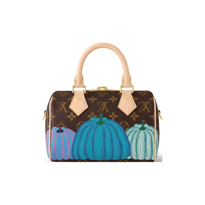 LOUIS VUITTON x Yayoi Kusama草间弥生 联名款 Speedy 20 可拆卸可调节肩带彩色南瓜老花满印 帆布拼牛皮革 手提斜挎包 女款 棕色