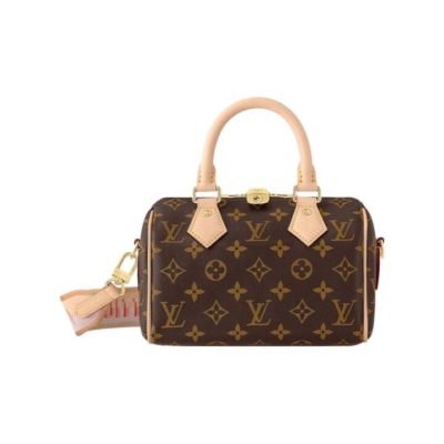 LOUIS VUITTON SpeedyBandoulière 20 可拆卸可调节肩带拉链开合交织字母 涂层帆布 单肩斜挎旅行包 女款 棕色 粉色/橙色