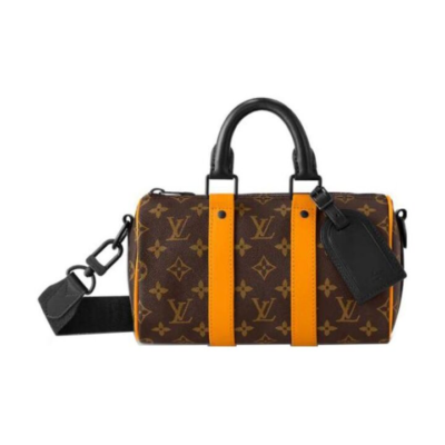 LOUIS VUITTON keepall Bandoulière 25 老花系列可拆卸可调节肩带拉链开合 涂层帆布拼牛皮 单肩斜挎手提包 女款 棕色/橙色
