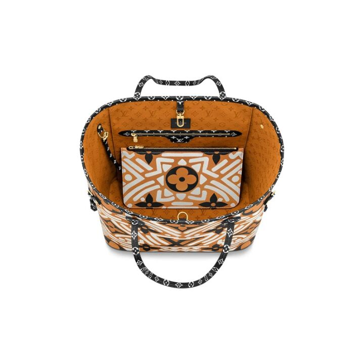 LOUIS VUITTON Crafty Neverfull MM 几何老花印花 皮革 托特包Tote包购物袋子母包单肩手提包 中号 女款 奶白色/焦糖色拼色