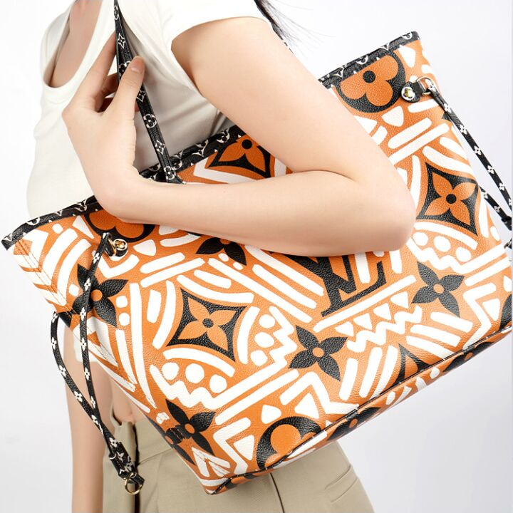 LOUIS VUITTON Crafty Neverfull MM 几何老花印花 皮革 托特包Tote包购物袋子母包单肩手提包 中号 女款 奶白色/焦糖色拼色