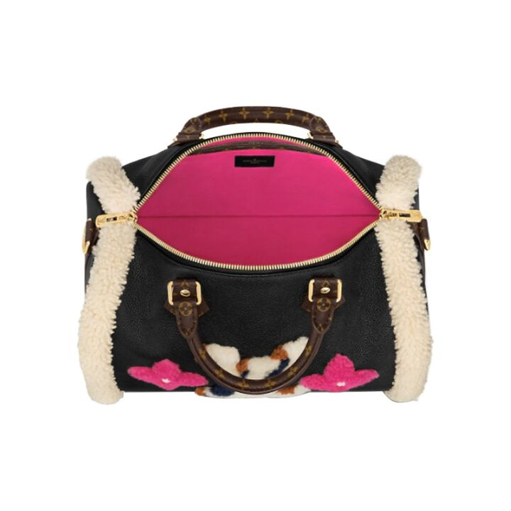LOUIS VUITTON Speedy 可拆卸可调节肩带老花肩带 羊毛嵌拼粒面皮 单肩斜挎手提包 女款 黑色