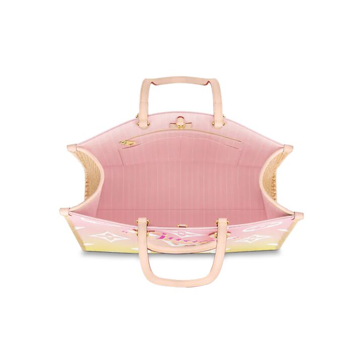 LOUIS VUITTON ONTHEGO 金色五金品牌印花 涂层帆布拼拉菲草拼牛皮革饰边 托特包Tote包购物袋单肩手提包 大号 女款 黄色/粉色