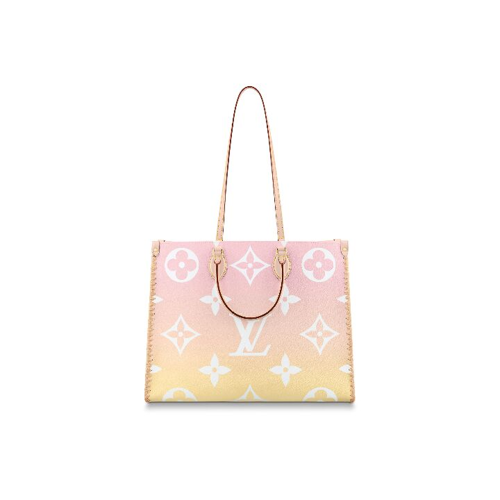 LOUIS VUITTON ONTHEGO 品牌徽标印花大容量 涂层帆布拼拉菲草拼牛皮革饰边 托特包Tote包购物袋单肩手提包 大号 女款 粉色/橘色