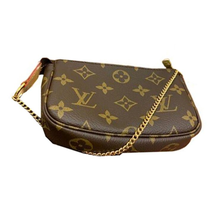 LOUIS VUITTON 经典老花链条肩带 涂层帆布拼牛皮皮革 麻将包腋下包单肩手提包 迷你 女款 棕色