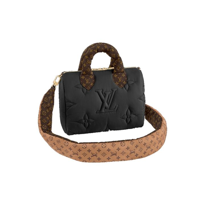 LOUIS VUITTON SPEEDY 25 Econyl 可拆卸不可调节肩带 再生面料 柔软填充 手提单肩斜挎包 女款 黑色