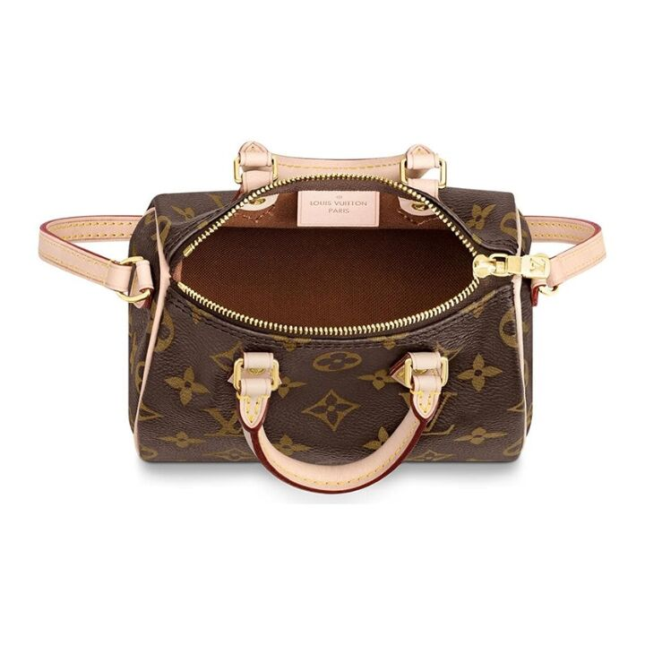 LOUIS VUITTON Speedy Nano 经典老花不可拆卸不可调节肩带 涂层帆布拼牛皮饰边 枕头包单肩斜挎手提包 迷你 女款 棕色