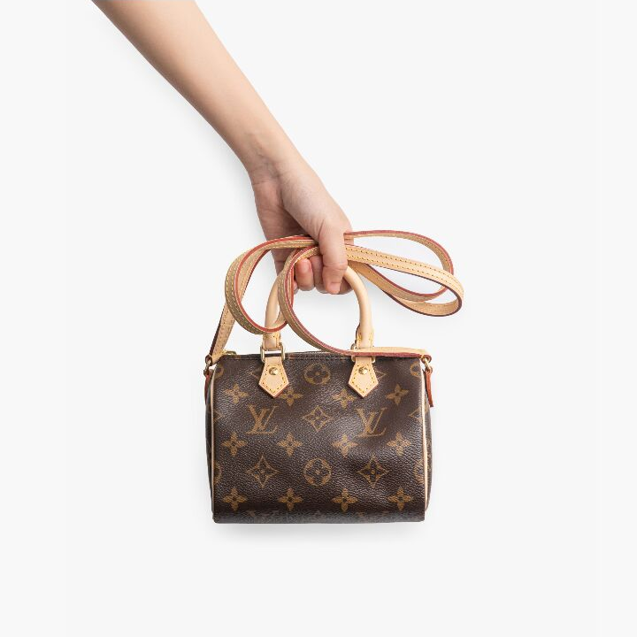 LOUIS VUITTON Speedy Nano 经典老花不可拆卸不可调节肩带 涂层帆布拼牛皮饰边 枕头包单肩斜挎手提包 迷你 女款 棕色