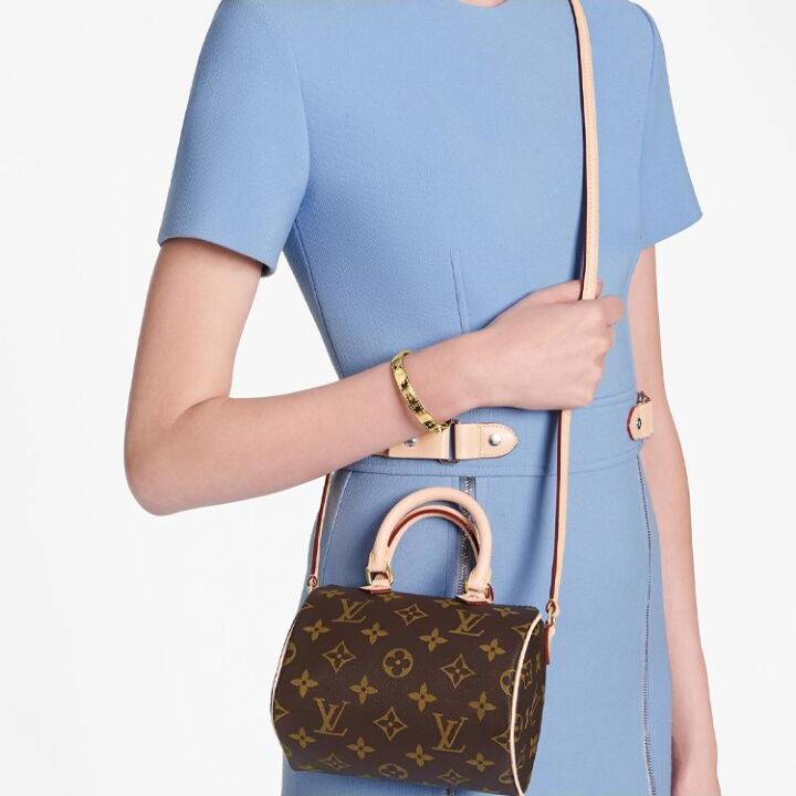 LOUIS VUITTON Speedy Nano 经典老花不可拆卸不可调节肩带 涂层帆布拼牛皮饰边 枕头包单肩斜挎手提包 迷你 女款 棕色